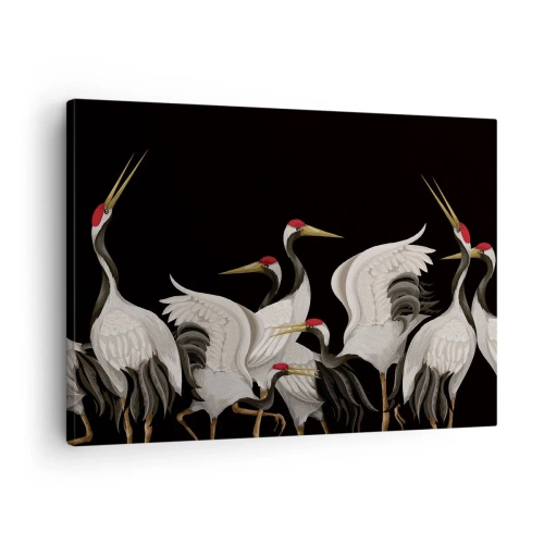 Quadro em tela - Guindastes brancos com detalhes em vermelho sobre fundo preto - 70x50cm - Assuntos de aves - Decoração de parede moderna para a sala de estar e quarto ARTTOR