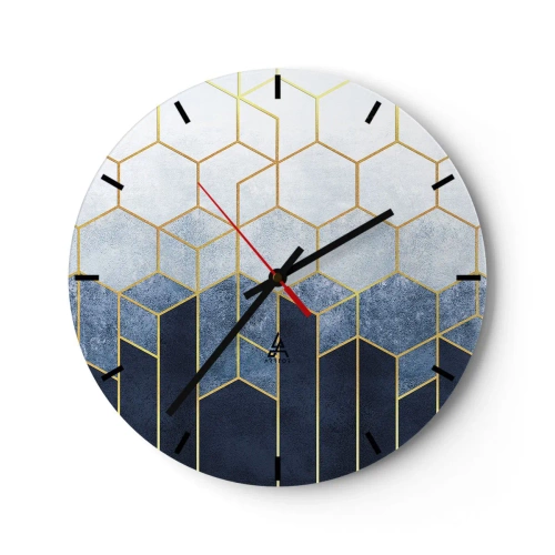 Relógio de parede - Relógio em vidro - Padrão de cubo geométrico em tons de azul e dourado - 30x30cm - Composição em ritmo sincopado - Decoração de parede moderna para a sala de estar, cozinha e quarto ARTTOR