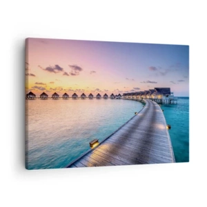 Quadro em tela - O píer que leva aos chalés à beira-mar ao pôr do sol - 70x50cm - Férias - de volta às fontes - Decoração de parede moderna para a sala de estar e quarto ARTTOR