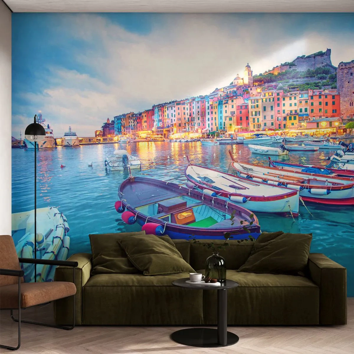 Papel de Parede Premium Canvas - Uma noite colorida no porto - Porto da cidade, Arquitetura, Paisagem - 400x280 cm