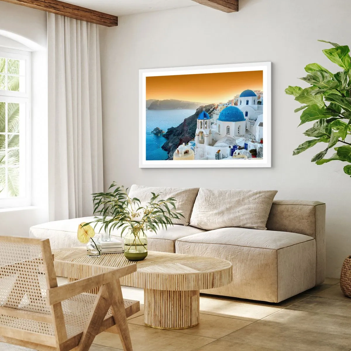 Pôster em moldura branca - Santorini - abraçada às rochas - 91x61 cm