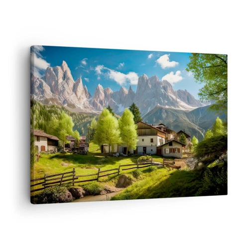 Quadro em tela - Uma vila na montanha com casas e vista para os Alpes - 70x50cm - Idílio alpino - Decoração de parede moderna para a sala de estar e quarto ARTTOR