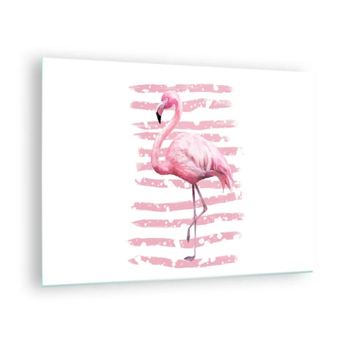 Quadro em vidro - Um flamingo rosa sobre um fundo de listras rosas artísticas. - 70x50cm - Com dignidade, embora de rosa - Decoração de parede moderna para a sala de estar e quarto ARTTOR