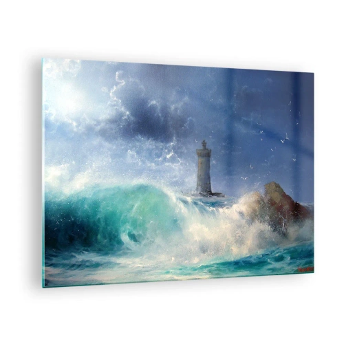 Quadro em vidro - Um farol entre as ondas agitadas do oceano - 70x50cm - Na guarda contra os elementos da natureza - Decoração de parede moderna para a sala de estar e quarto ARTTOR