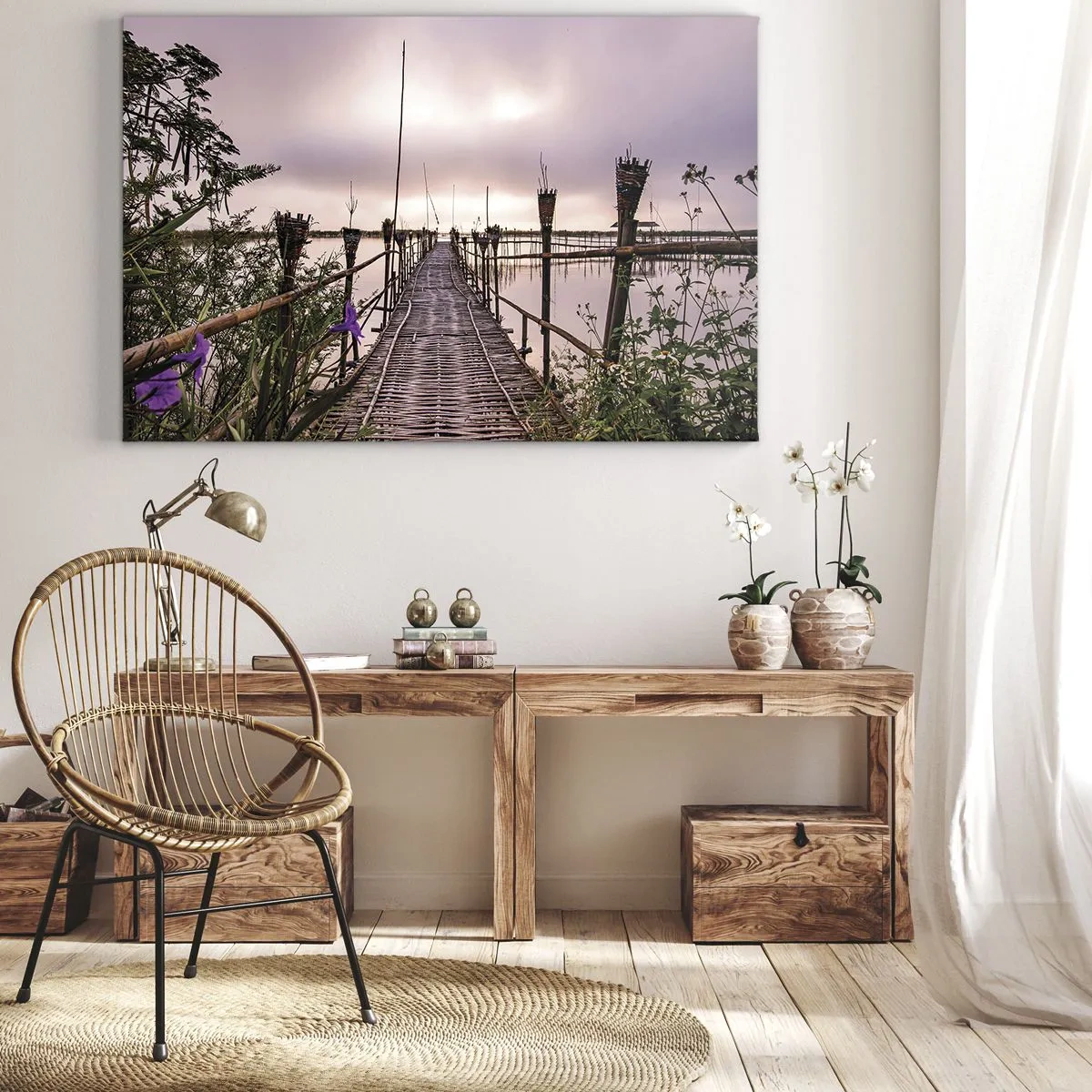 Quadro em tela - Ponte de bambu sobre a água ao amanhecer - 70x50cm - Paz e tranquilidade da Ásia - Decoração de parede moderna para a sala de estar e quarto ARTTOR