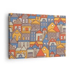 Quadro em tela - Casas coloridas em estilo gráfico sobre fundo claro - 70x50cm - Atrás da casa - Decoração de parede moderna para a sala de estar e quarto ARTTOR