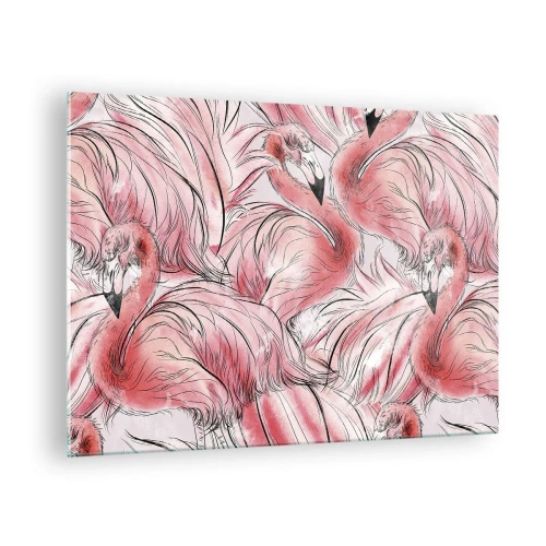 Quadro em vidro - Flamingos cor de rosa em estilo de desenho animado decorativo - 70x50cm - Bird corps de ballet - Decoração de parede moderna para a sala de estar e quarto ARTTOR