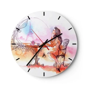 Relógio de parede - Relógio em vidro - Uma mulher em uma mesa com vista para a Torre Eiffel em tons pastel - 30x30cm - Elegância parisiense - Decoração de parede moderna para a sala de estar, cozinha e quarto ARTTOR