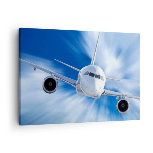 Quadro em tela - Um avião de passageiros em movimento contra o céu - 70x50cm - Mais rápido do que o vento no céu - Decoração de parede moderna para a sala de estar e quarto ARTTOR