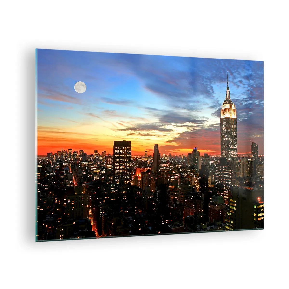 Quadro em vidro - Panorama noturno da cidade com edifícios iluminados - 70x50cm - Noite Brilhante Americana - Decoração de parede moderna para a sala de estar e quarto ARTTOR