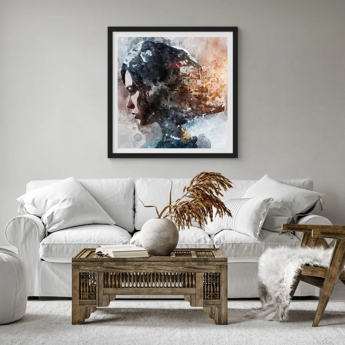 Pôster com moldura preta - Uma história sobre uma menina e uma cidade ao fundo - 40x40 cm