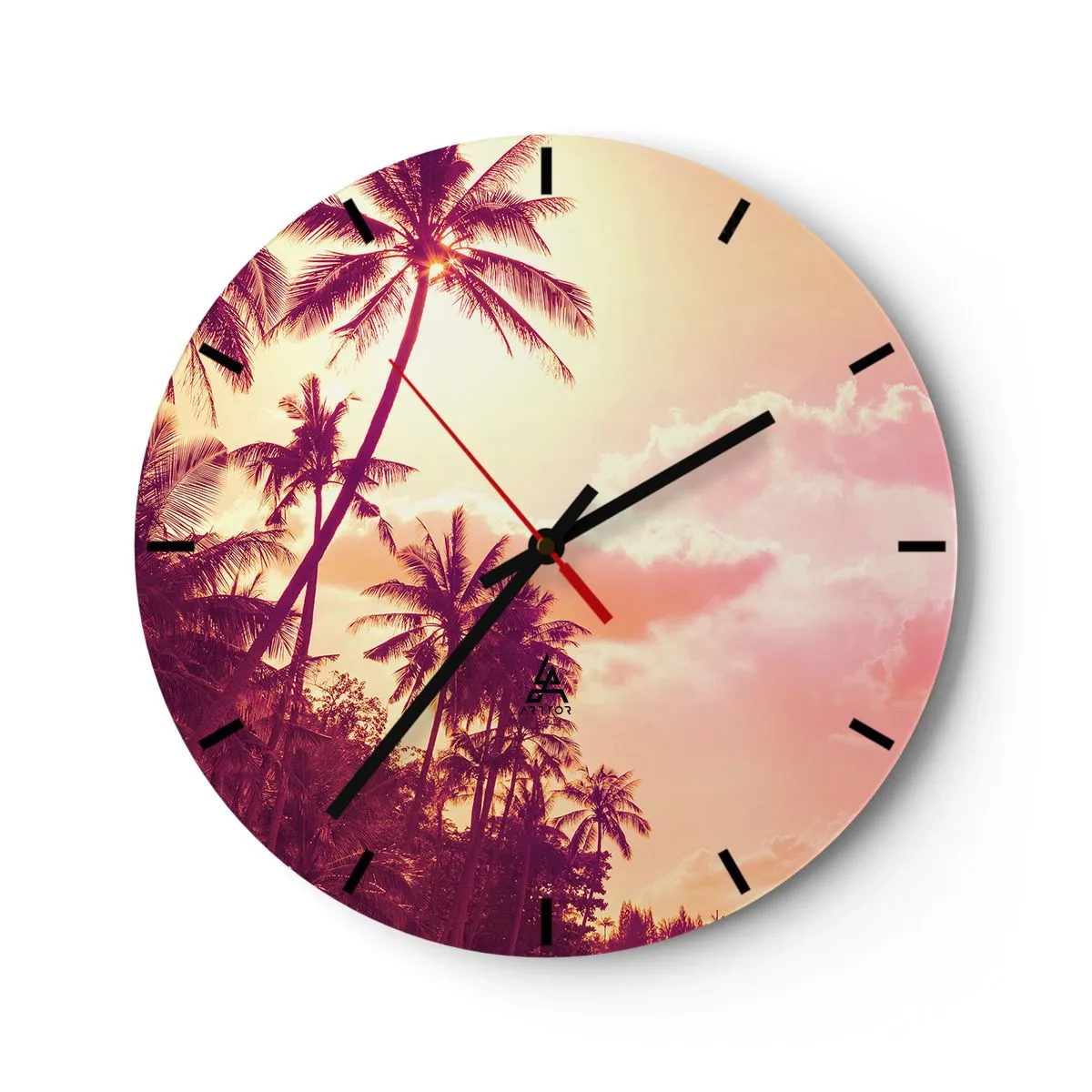 Relógio de parede - Relógio em vidro - Palmeiras contra o céu ao pôr do sol - 30x30cm - Tem que escolher - Decoração de parede moderna para a sala de estar, cozinha e quarto ARTTOR