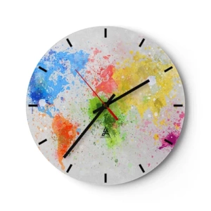 Relógio de parede - Relógio em vidro - Um mapa colorido do mundo em forma de manchas de aquarela - 30x30cm - Todas as cores do mundo - Decoração de parede moderna para a sala de estar, cozinha e quarto ARTTOR