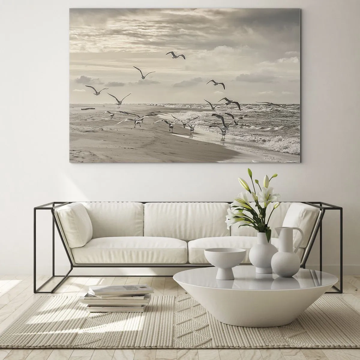 Quadro em vidro - Pássaros na praia ao amanhecer em tons sépia - 70x50cm - O som do mar, o canto dos pássaros - Decoração de parede moderna para a sala de estar e quarto ARTTOR