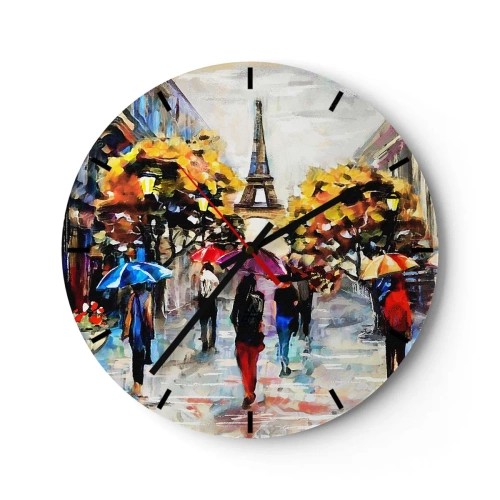 Relógio de parede - Relógio em vidro - A Torre Eiffel com árvores de outono e guarda-sóis na rua - 30x30cm - Especialmente bonita no outono - Decoração de parede moderna para a sala de estar, cozinha e quarto ARTTOR