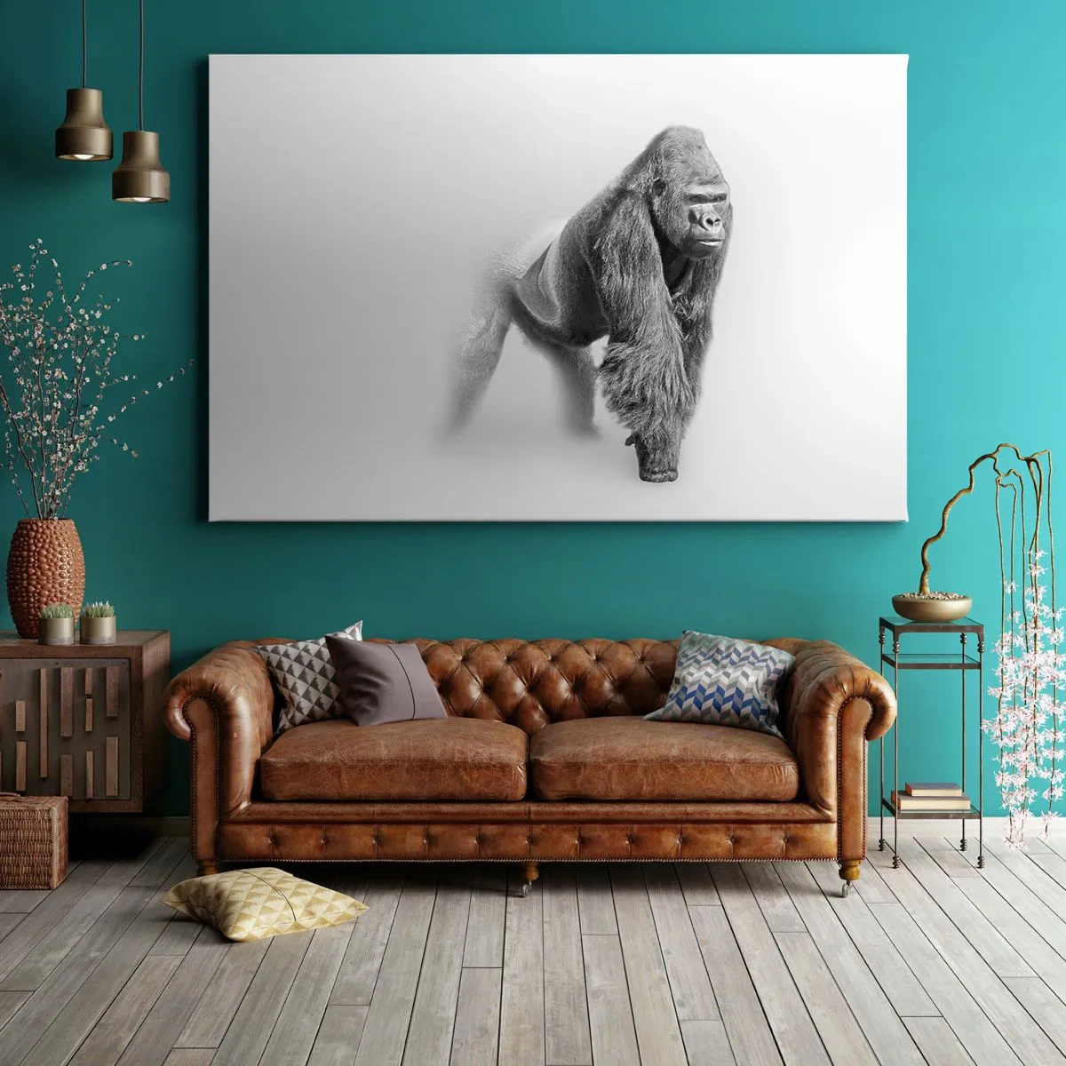 Quadro em tela - Gorila em tons monocromáticos sobre fundo branco - 70x50cm - Confiante na sua força - Decoração de parede moderna para a sala de estar e quarto ARTTOR