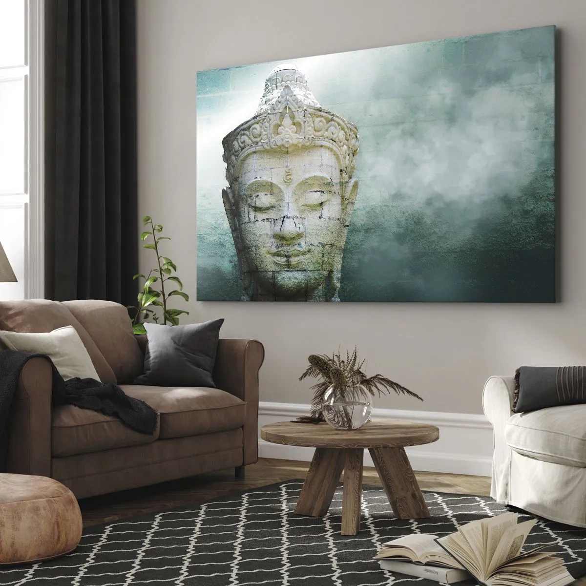 Quadro em tela - Estátua de Buda com uma névoa suave sobre um fundo verde - 70x50cm - Em busca da luz - Decoração de parede moderna para a sala de estar e quarto ARTTOR