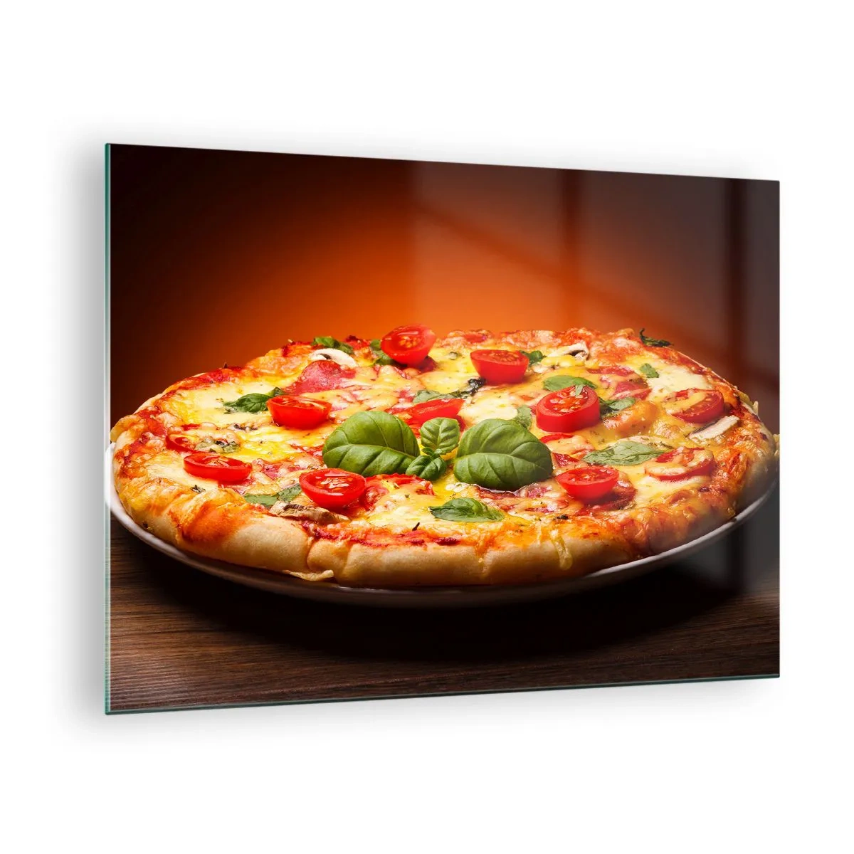 Quadro em vidro - Pizza com tomate, manjericão e queijo derretido - 70x50cm - Mamma mia! - Decoração de parede moderna para a sala de estar e quarto ARTTOR