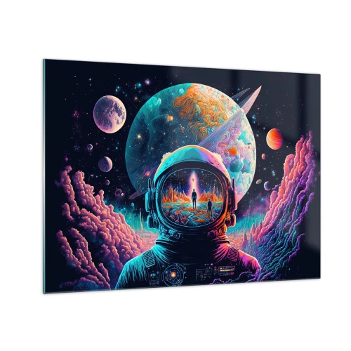 Quadro em vidro - Uma paisagem espacial com um astronauta e um planeta surreal. - 70x50cm - Os filósofos não sonharam com isso - Decoração de parede moderna para a sala de estar e quarto ARTTOR