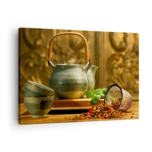 Quadro em tela - Jarro de cerâmica com xícaras e chá seco - 70x50cm - Tratado sobre beber chá - Decoração de parede moderna para a sala de estar e quarto ARTTOR