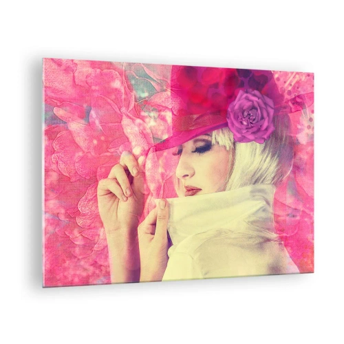 Quadro em vidro - Ilustração de uma mulher com um chapéu rosa e uma flor ao fundo - 70x50cm - Retrato retro em rosa - Decoração de parede moderna para a sala de estar e quarto ARTTOR