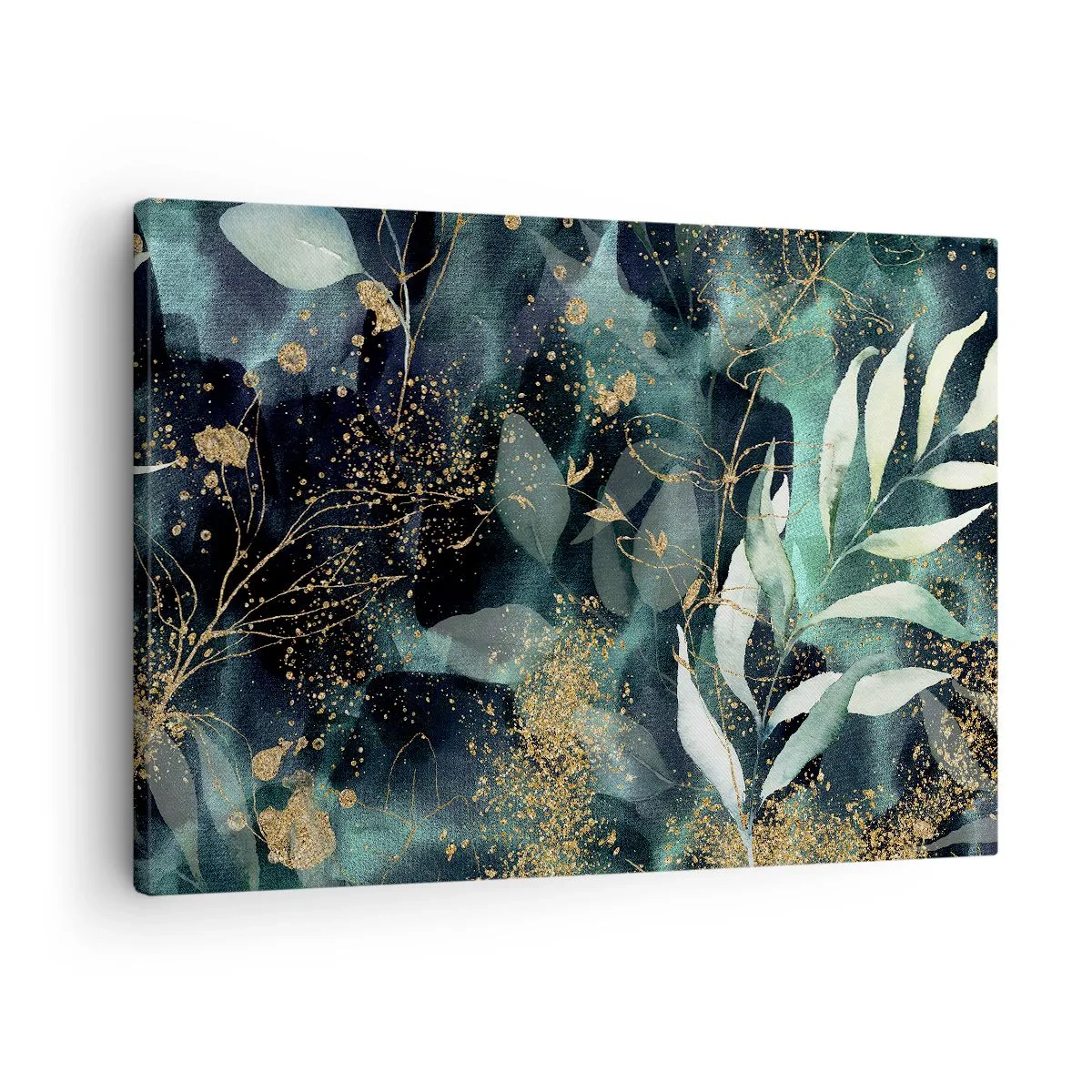 Quadro em tela - Folhas elegantes em um fundo escuro com detalhes dourados - 70x50cm - Jardim Mágico - Decoração de parede moderna para a sala de estar e quarto ARTTOR