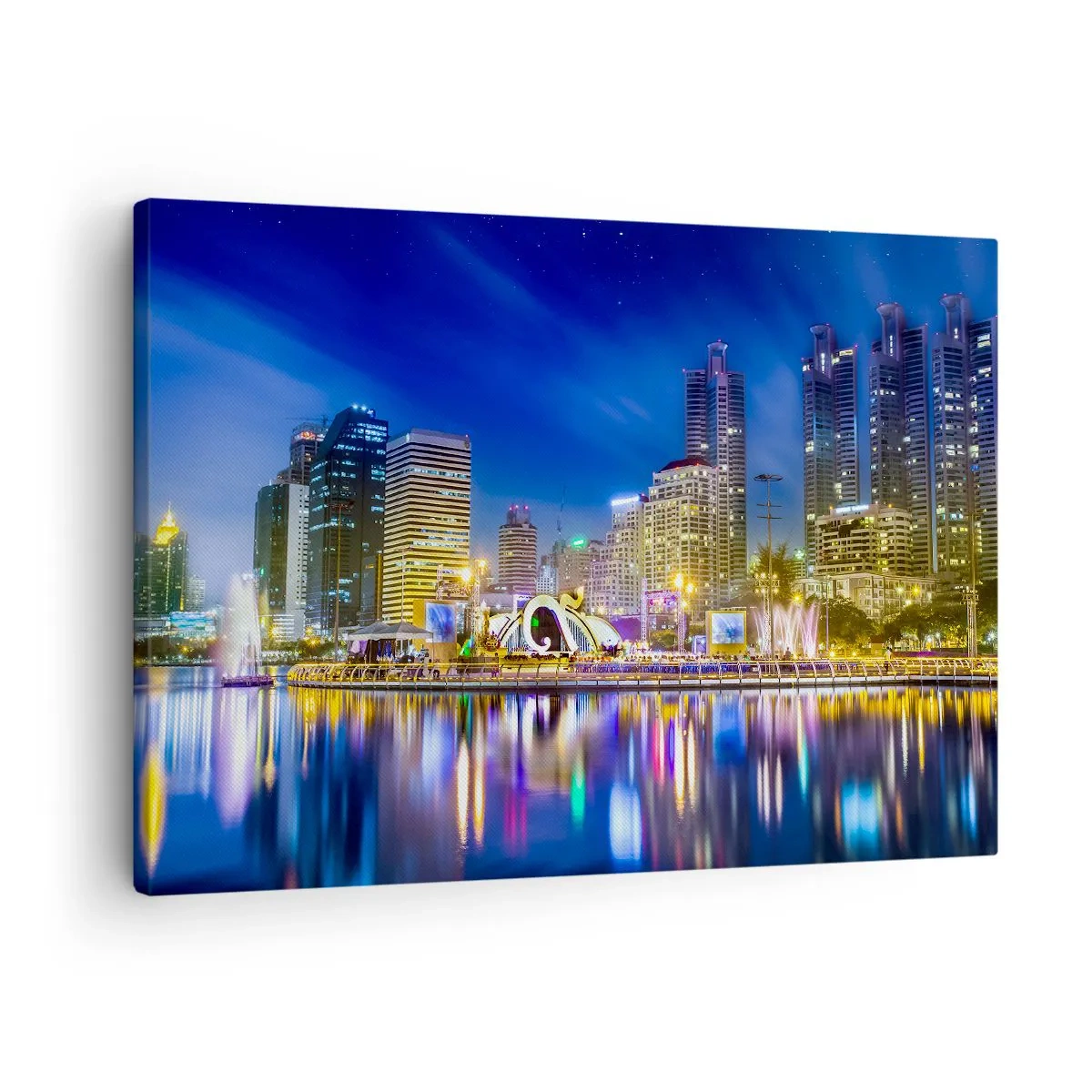 Quadro em tela - Panorama noturno da cidade com luzes refletidas na água - 70x50cm - Noite arco-íris da metrópole - Decoração de parede moderna para a sala de estar e quarto ARTTOR