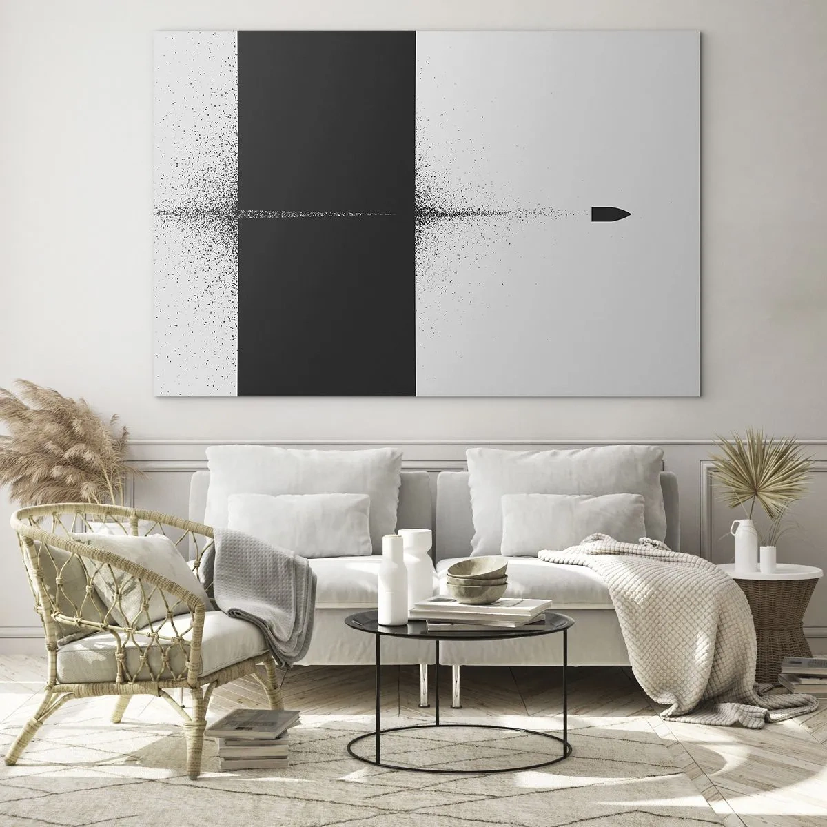 Quadro em vidro - Uma composição abstrata de preto e branco com uma linha dinâmica - 70x50cm - Direto para o destino - Decoração de parede moderna para a sala de estar e quarto ARTTOR