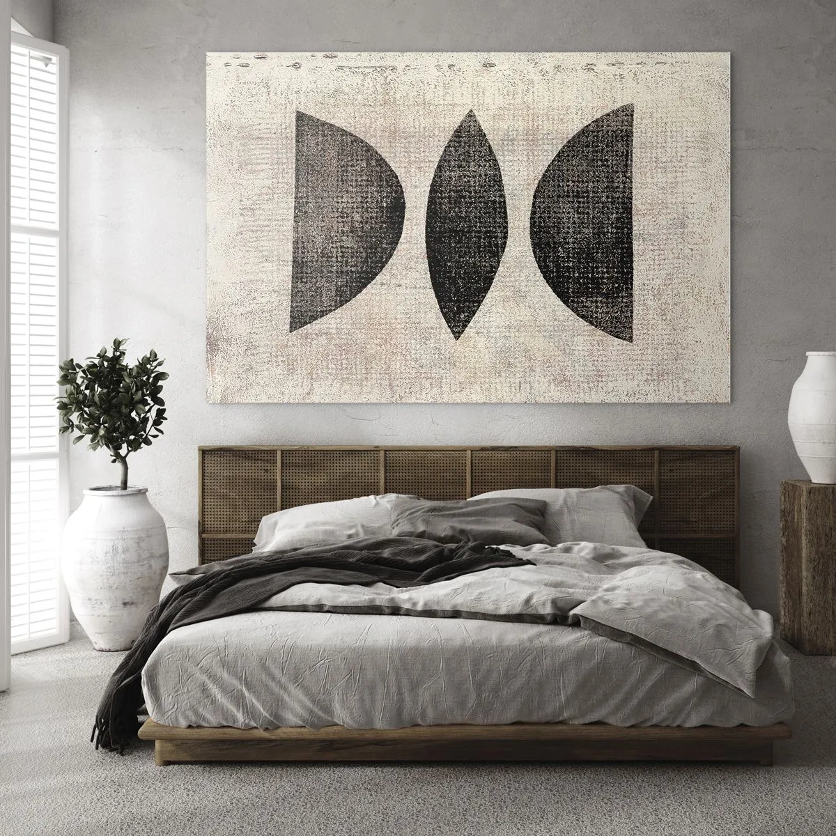 Quadro em vidro - Formas geométricas pretas sobre fundo bege - 70x50cm - Abstração étnica - Decoração de parede moderna para a sala de estar e quarto ARTTOR