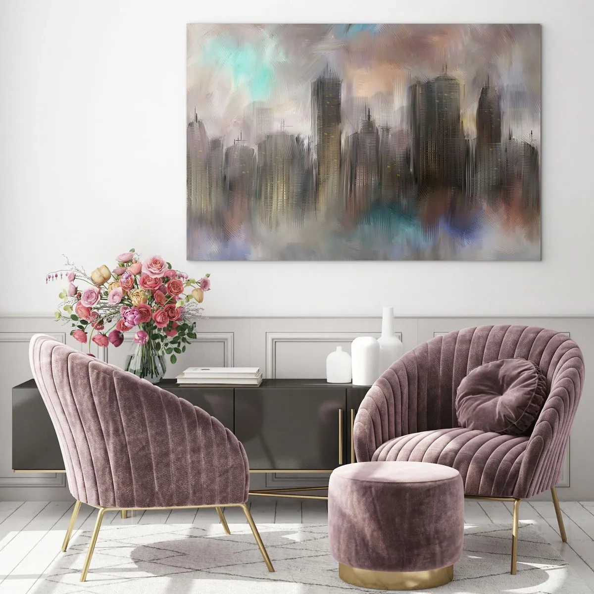 Quadro em vidro - Composição de aço, pedra e névoa - 120x80 cm