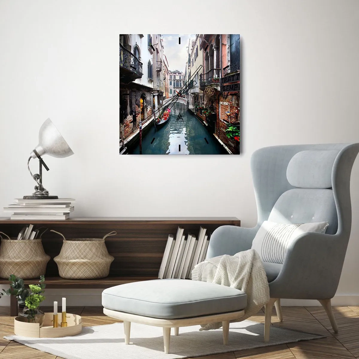 Relógio de parede - Relógio em vidro - Paisagem veneziana com gôndola e ponte - 40x40 cm