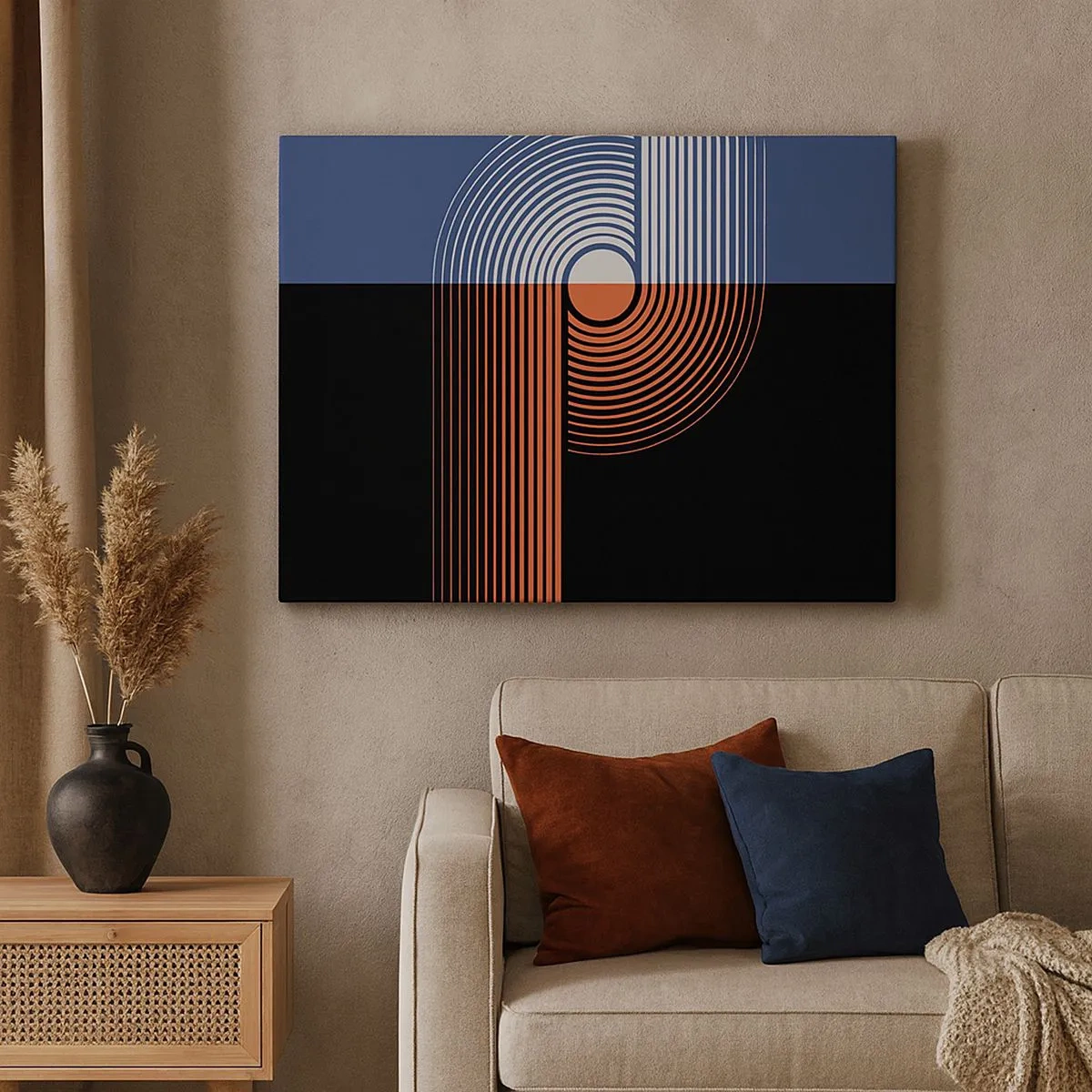 Quadro em tela - Abstração geométrica com linhas em azul marinho e laranja. - 70x50cm - Num abraço geométrico - Decoração de parede moderna para a sala de estar e quarto ARTTOR
