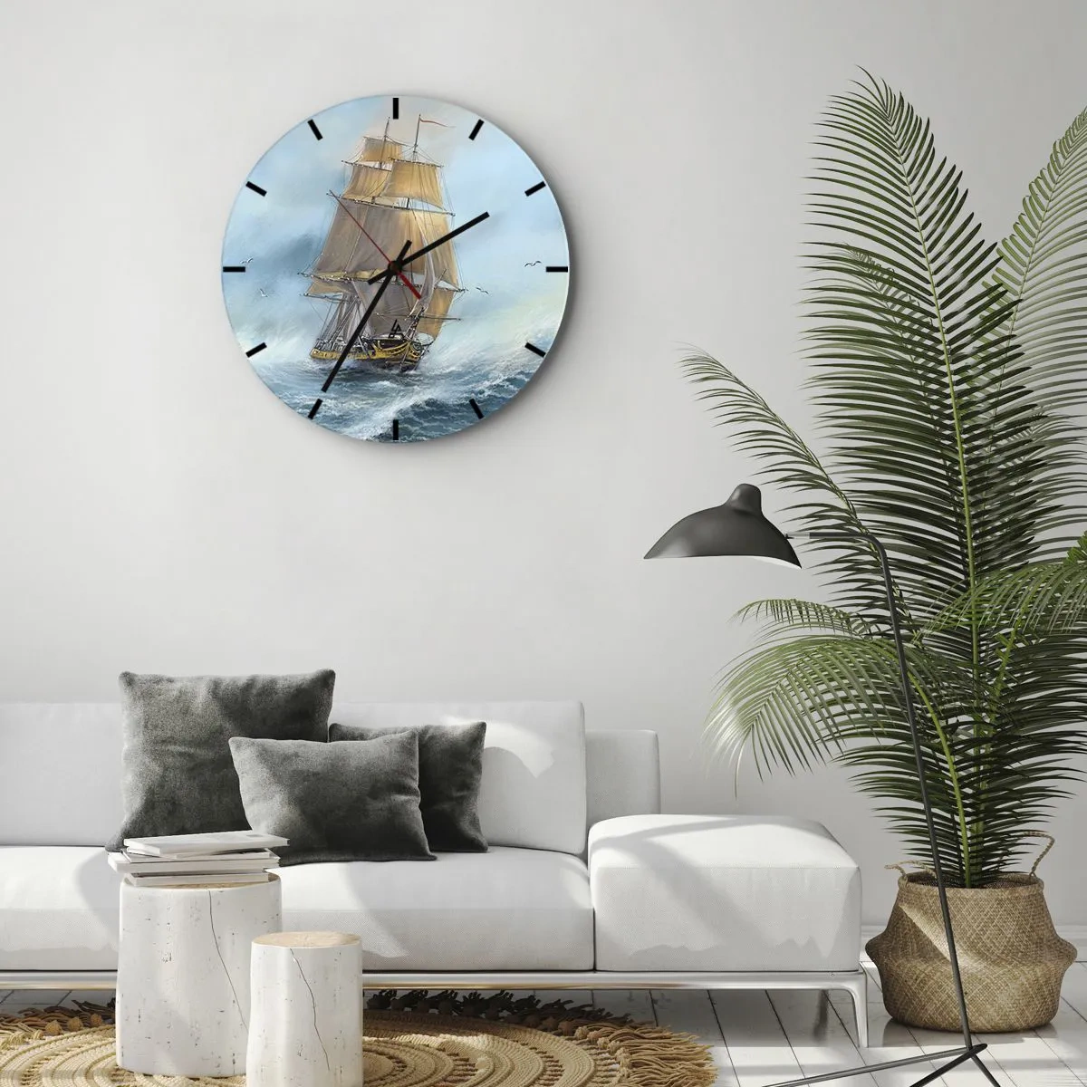 Relógio de parede - Relógio em vidro - Um veleiro em um mar tempestuoso em um cenário dinâmico - 30x30cm - Correndo sobre as ondas - Decoração de parede moderna para a sala de estar, cozinha e quarto ARTTOR