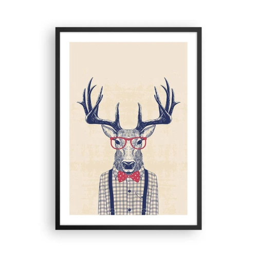 Pôster com moldura preta - Veado estiloso com óculos e gravata borboleta em fundo bege - 50x70cm - Extravagância engraçada - Decoração de parede moderna para a sala de estar e quarto ARTTOR