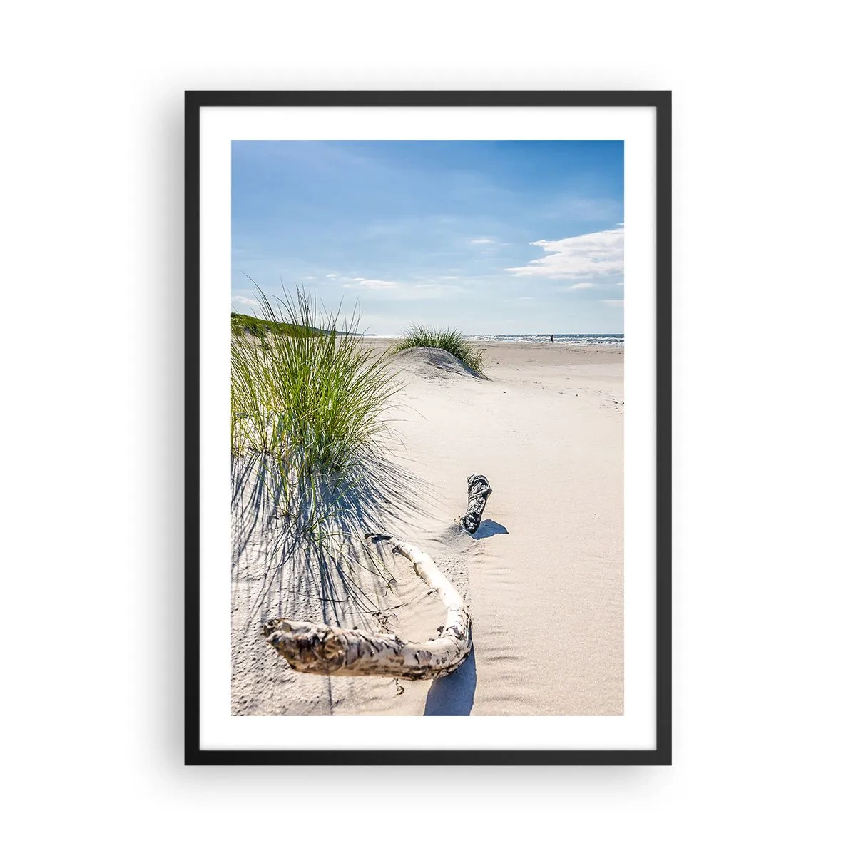 Pôster com moldura preta - Praia com dunas, grama e galhos ao sol - 50x70cm - A mais bonita? do Báltico - Decoração de parede moderna para a sala de estar e quarto ARTTOR