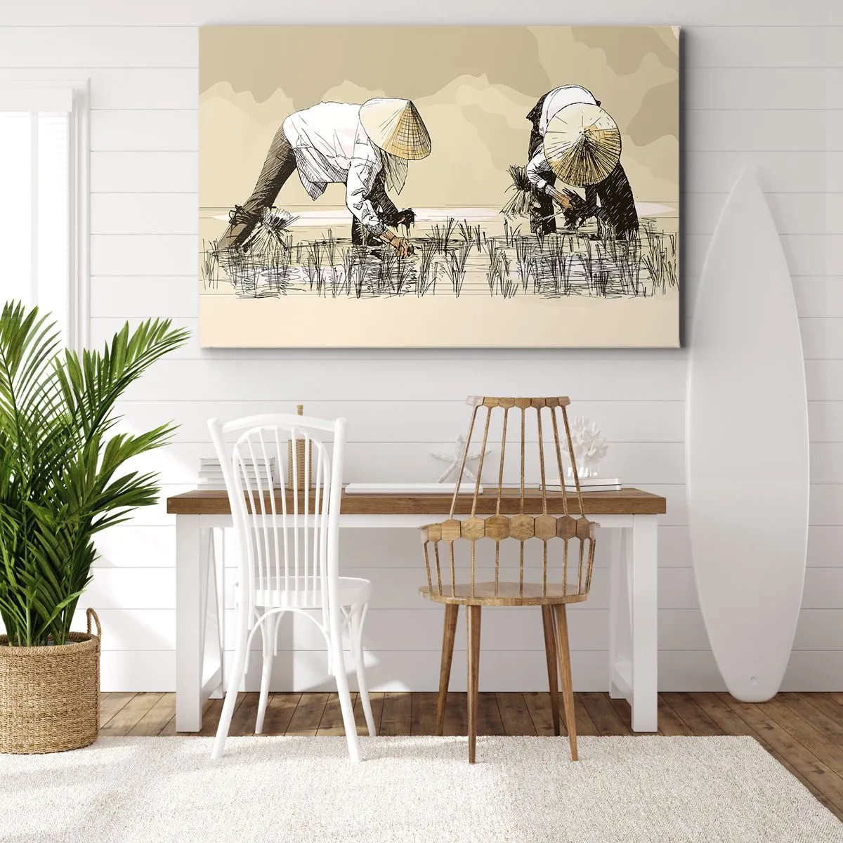 Quadro em tela - Agricultores trabalhando em um campo de arroz usando chapéus tradicionais - 70x50cm - Boa colheita - Decoração de parede moderna para a sala de estar e quarto ARTTOR