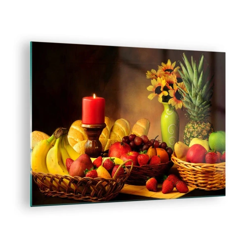 Quadro em vidro - Uma composição de frutas, pão e uma vela em estilo rústico - 70x50cm - Natureza morta com pão e fruta - Decoração de parede moderna para a sala de estar e quarto ARTTOR