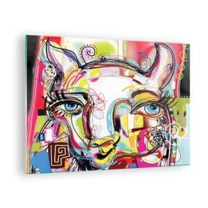 Quadro em vidro - Imagem abstrata do rosto de um gato em expressão artística colorida - 70x50cm - A riqueza da natureza do gato - Decoração de parede moderna para a sala de estar e quarto ARTTOR