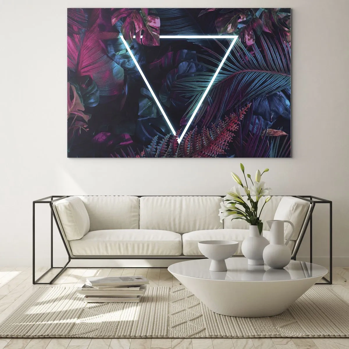 Quadro em vidro - Um triângulo neon cercado por plantas tropicais em tons de rosa e azul. - 70x50cm - Jardim estilo discoteca - Decoração de parede moderna para a sala de estar e quarto ARTTOR