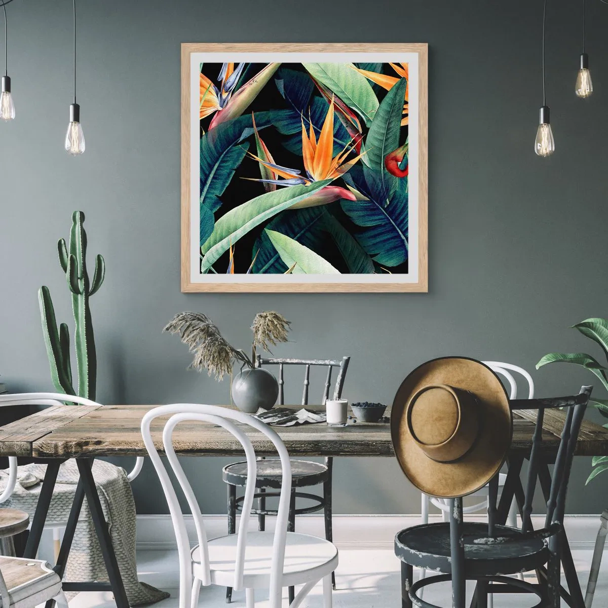 Pôster com moldura de carvalho claro - Flores ardentes dos trópicos - 40x40 cm