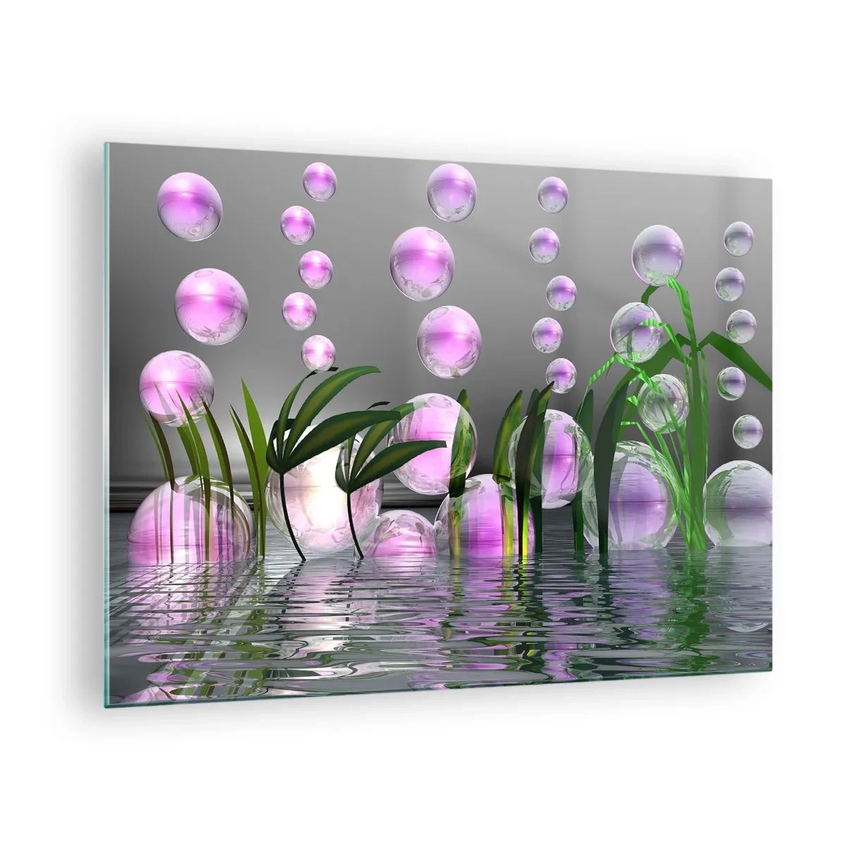 Quadro em vidro - Bolhas roxas flutuando acima da água com plantas - 70x50cm - Composição reflexiva da leveza e da vida - Decoração de parede moderna para a sala de estar e quarto ARTTOR