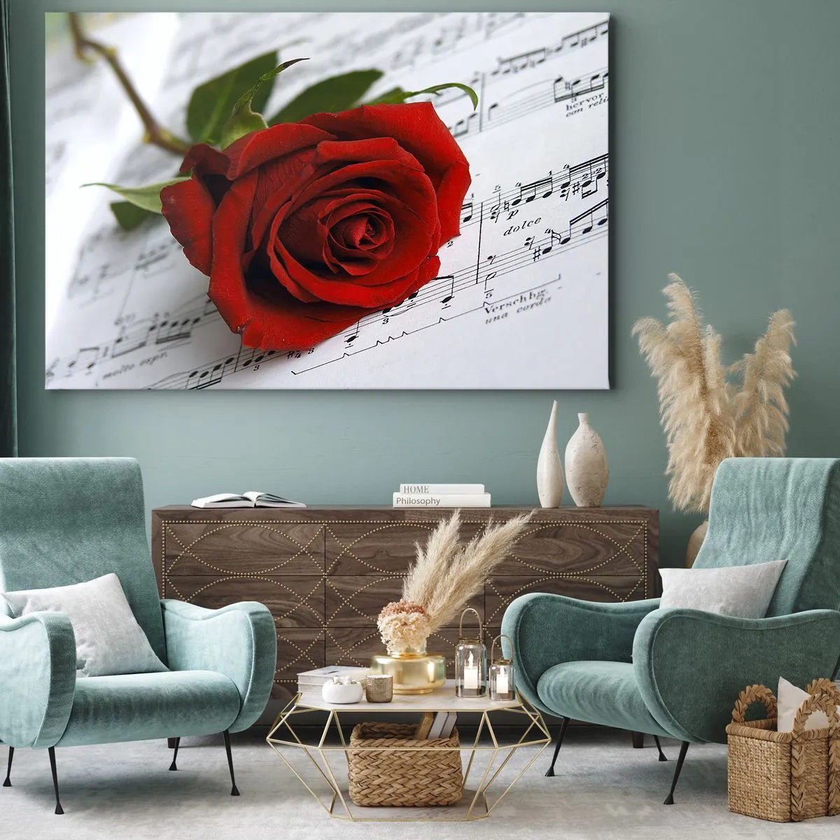 Quadro em tela - Uma rosa vermelha sobre um fundo de notas musicais em papel branco. - 70x50cm - Música de sentimentos em escarlate - Decoração de parede moderna para a sala de estar e quarto ARTTOR