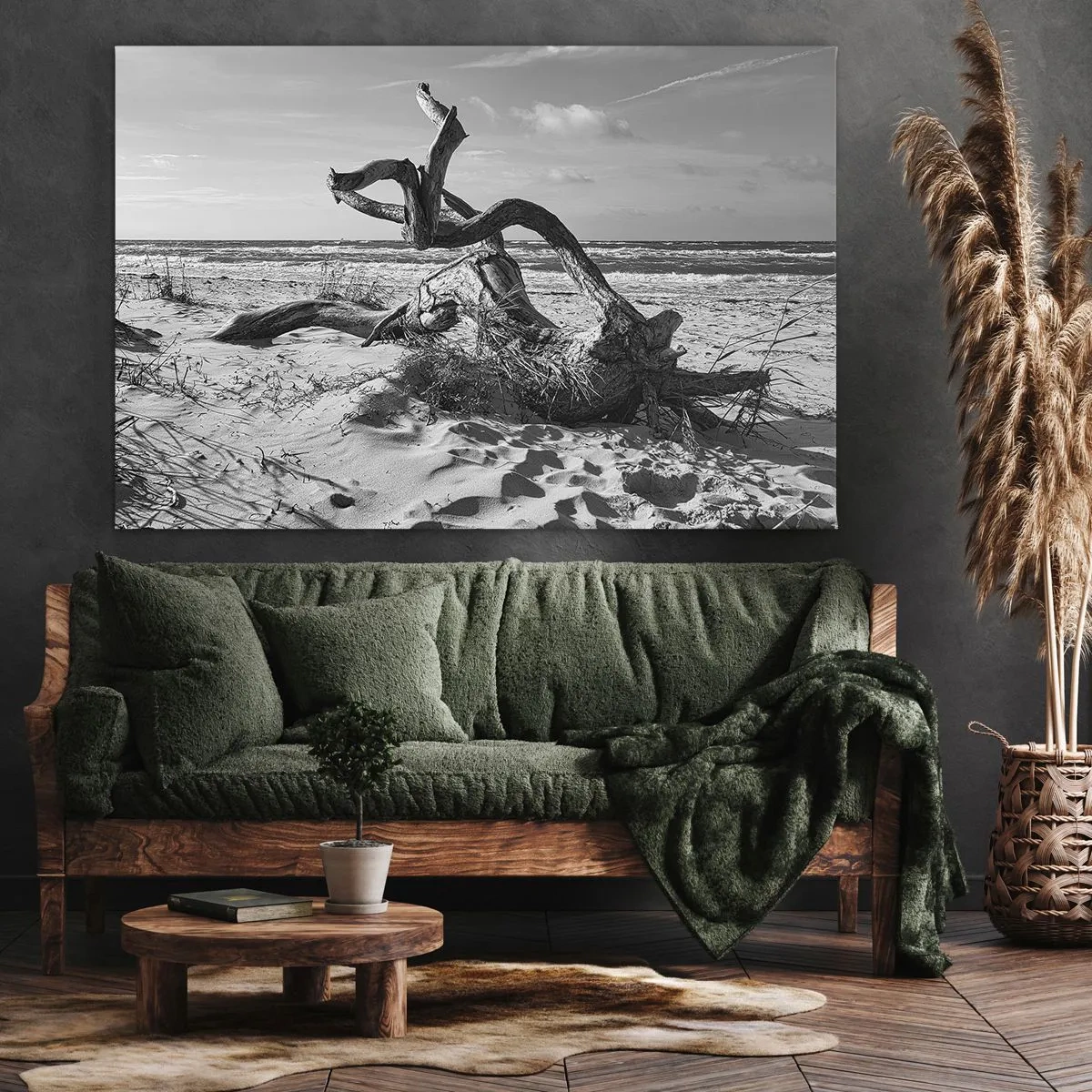 Quadro em tela - Paisagem em preto e branco com uma árvore morta na praia - 70x50cm - Escultura do mar - Decoração de parede moderna para a sala de estar e quarto ARTTOR