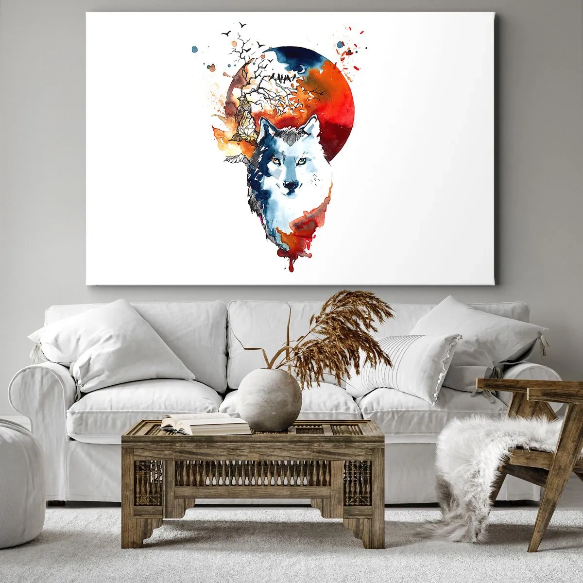 Quadro em tela - Pintura abstrata em aquarela de um lobo contra uma lua vermelha - 70x50cm - Nariz a nariz com a noite - Decoração de parede moderna para a sala de estar e quarto ARTTOR