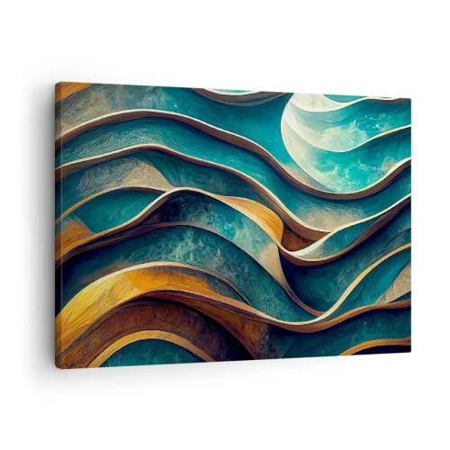 Quadro em tela - Ondas abstratas em tons de turquesa e dourado - 70x50cm - Meandros de azul - Decoração de parede moderna para a sala de estar e quarto ARTTOR