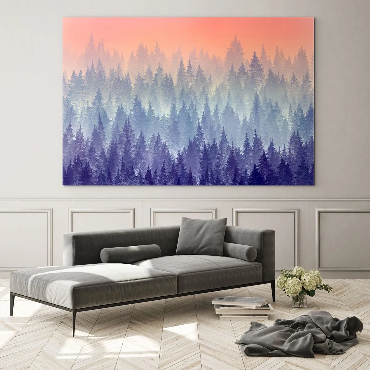 Quadro em vidro - Floresta misteriosa de coníferas em tons pastéis da manhã - 70x50cm - Alto, mais alto, para o céu - Decoração de parede moderna para a sala de estar e quarto ARTTOR