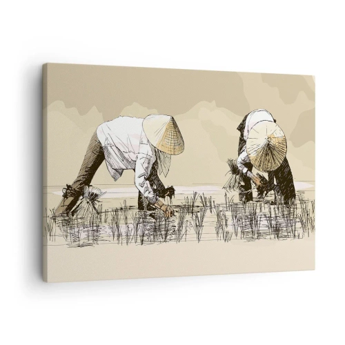 Quadro em tela - Agricultores trabalhando em um campo de arroz usando chapéus tradicionais - 70x50cm - Boa colheita - Decoração de parede moderna para a sala de estar e quarto ARTTOR