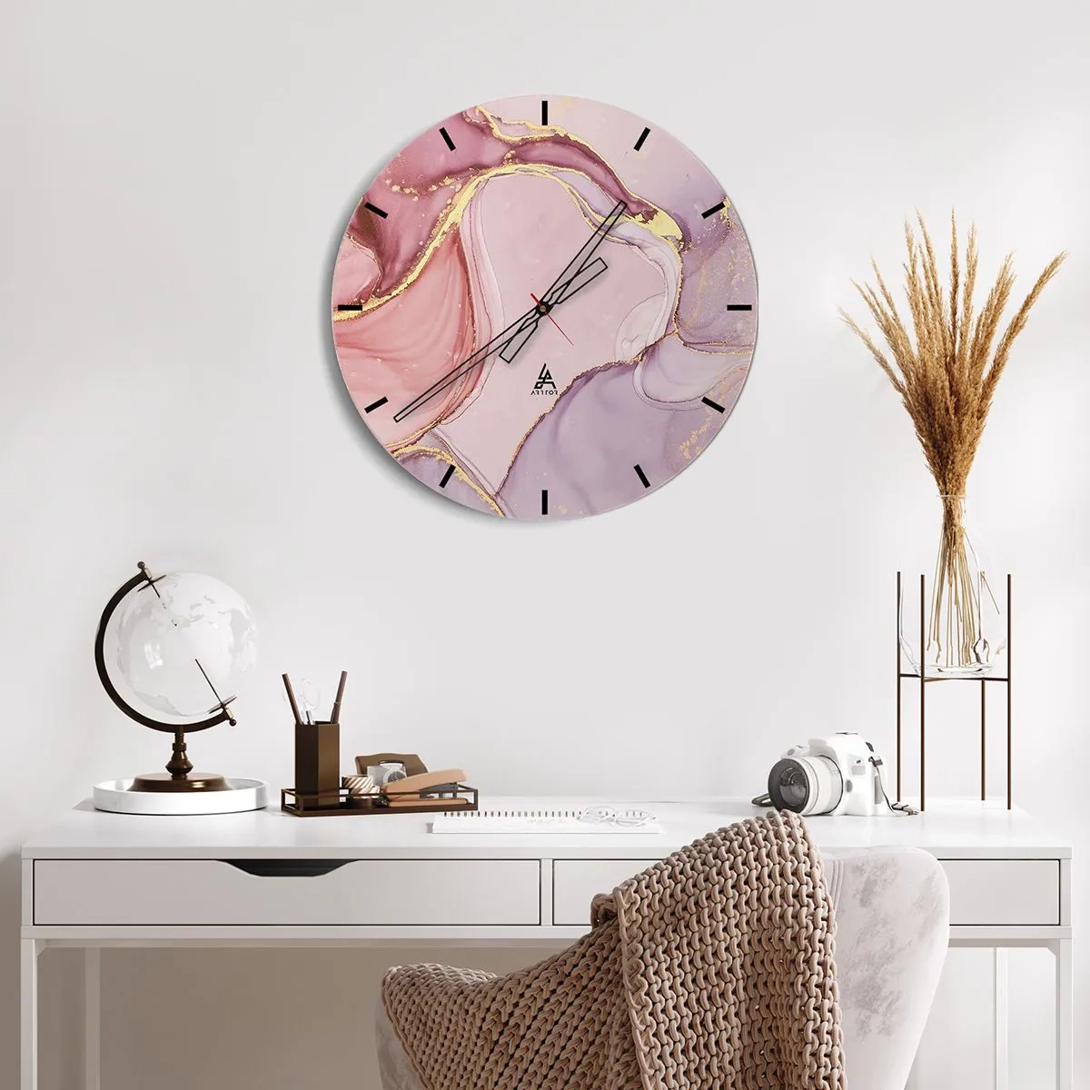 Relógio de parede - Relógio em vidro - Relógio abstrato com detalhes em rosa e dourado - 30x30cm - Carícia das cores - Decoração de parede moderna para a sala de estar, cozinha e quarto ARTTOR