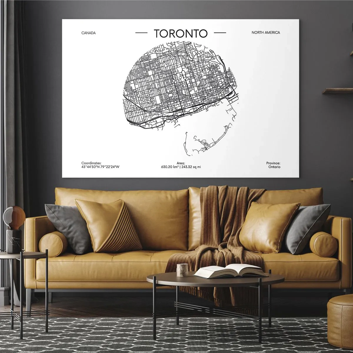 Quadro em vidro - Um mapa minimalista de Toronto com uma grade de ruas. - 70x50cm - Anatomia de Toronto - Decoração de parede moderna para a sala de estar e quarto ARTTOR