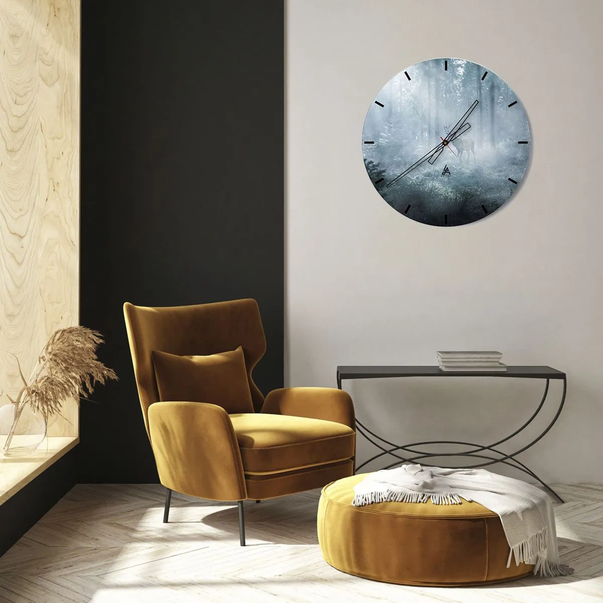 Relógio de parede - Relógio em vidro - Um veado parado na neblina em meio a um alto bosque - 30x30cm - Passeio matinal à volta da propriedade - Decoração de parede moderna para a sala de estar, cozinha e quarto ARTTOR